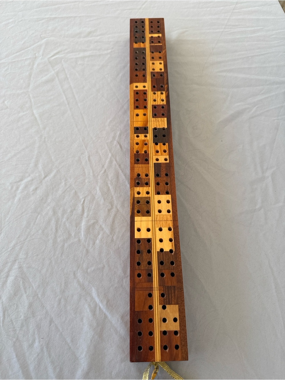 Vintage 70s Inlaid Hard Wood Tournament Cribbage Board Set Leather Pouch & Pegs